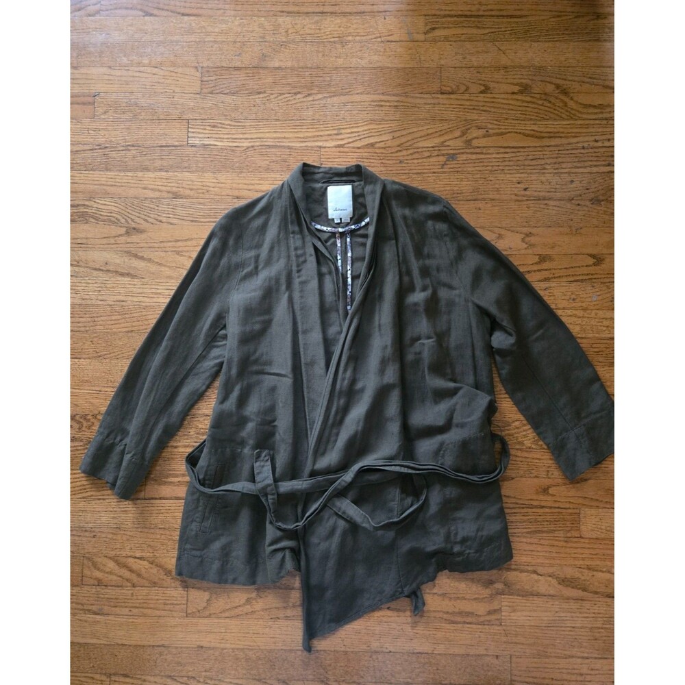 Anthropologie Elevenses Linen Blend 3/4 Sleeve Belted Open Front Blazer